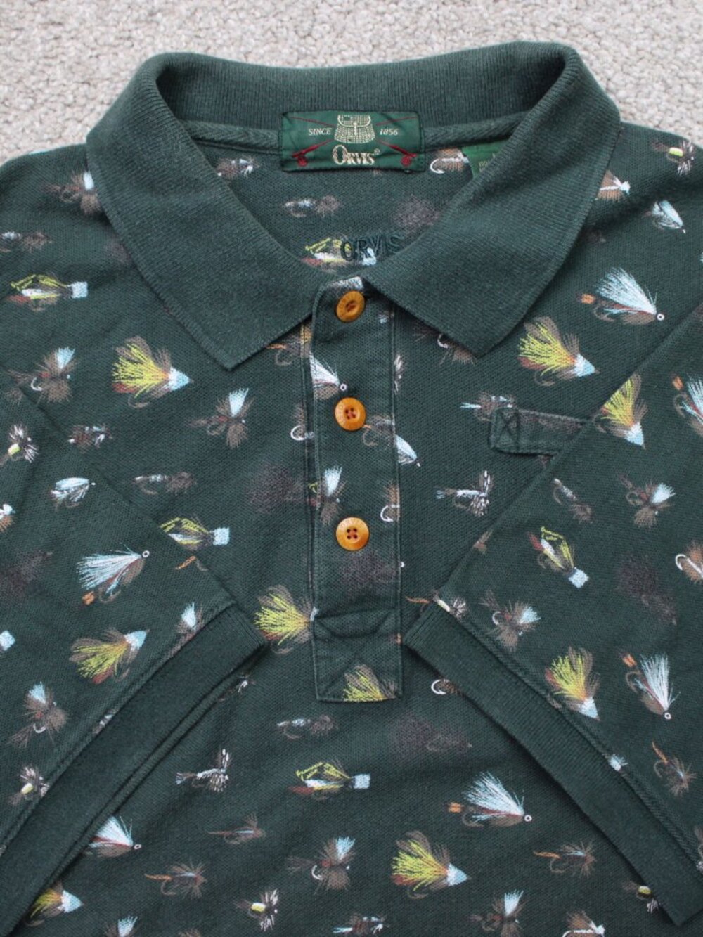 Orvis AOP Polo Shirt Men Large Green Fishing Lure All Over Print 100% Cotton S/S